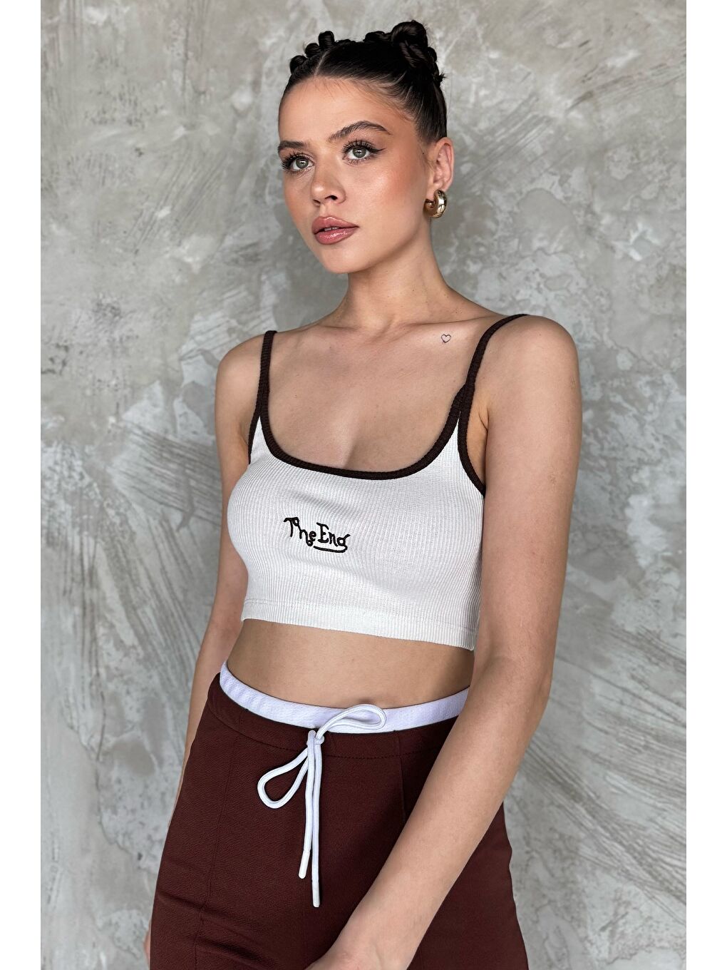 Ekru İp Askılı Nakışlı Crop Top Kaşkorse Bluz (s-m-l Uyumludur)-1