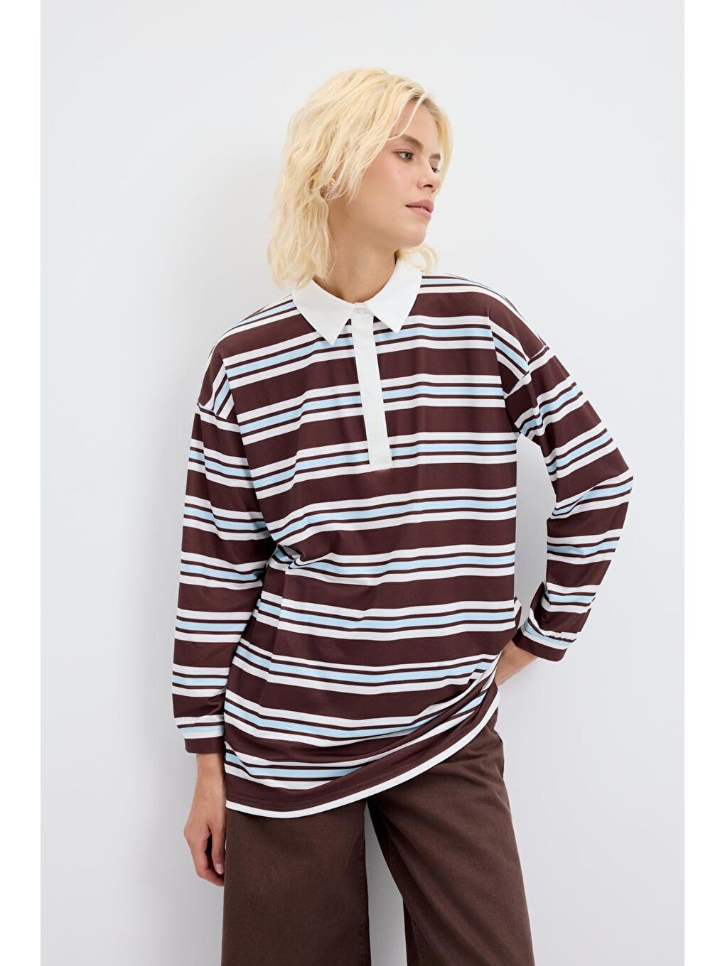 Polo Yaka Çizgili Sweatshirt Ekru-4