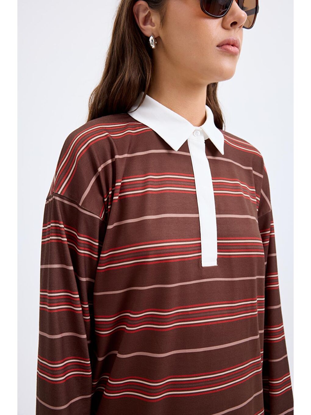 Kahverengi Polo Yaka Çizgili Sweatshirt Kahve-3