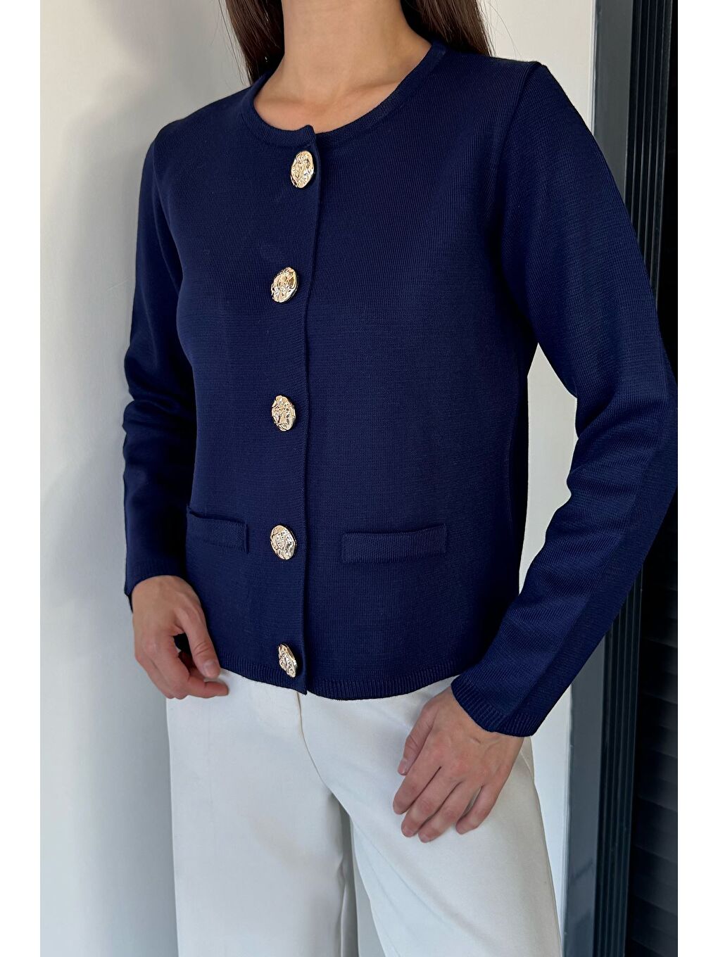 Lacivert Kadın Düğme Detaylı Triko Ceket-1