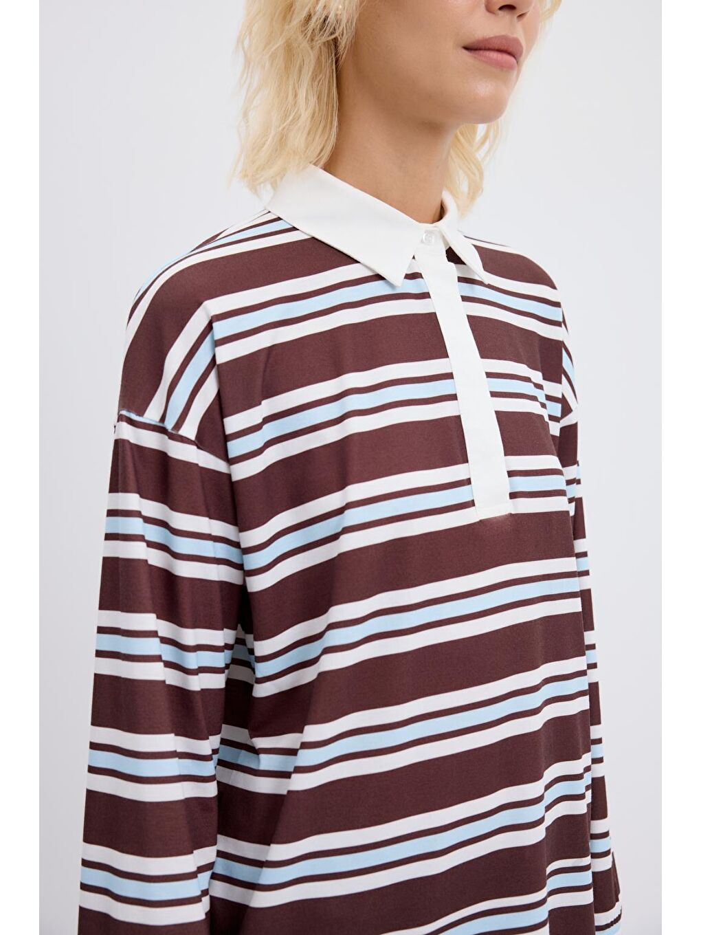 Polo Yaka Çizgili Sweatshirt Ekru-7