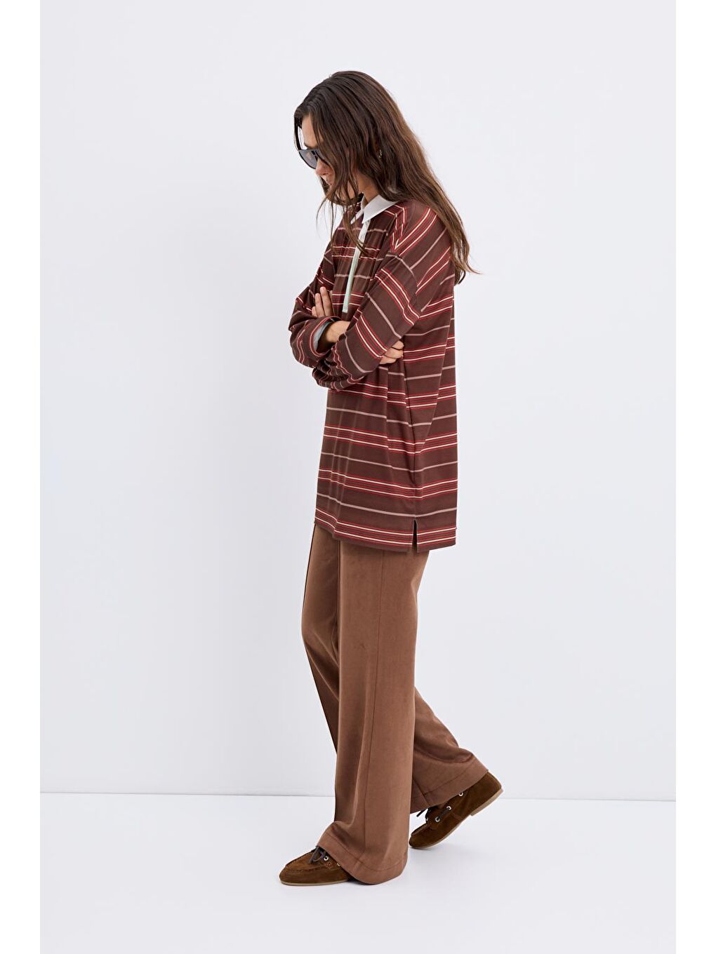 Kahverengi Polo Yaka Çizgili Sweatshirt Kahve-4