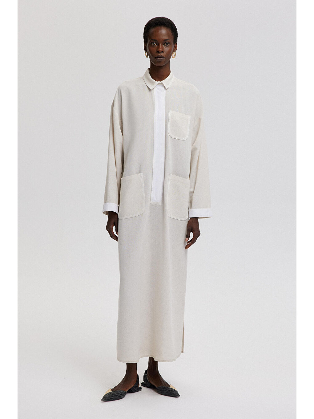 Bej Keten Dokulu Şerit Detaylı Elbise