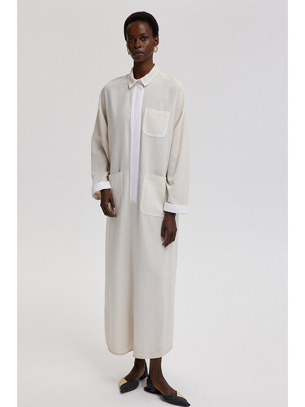 Bej Keten Dokulu Şerit Detaylı Elbise-1