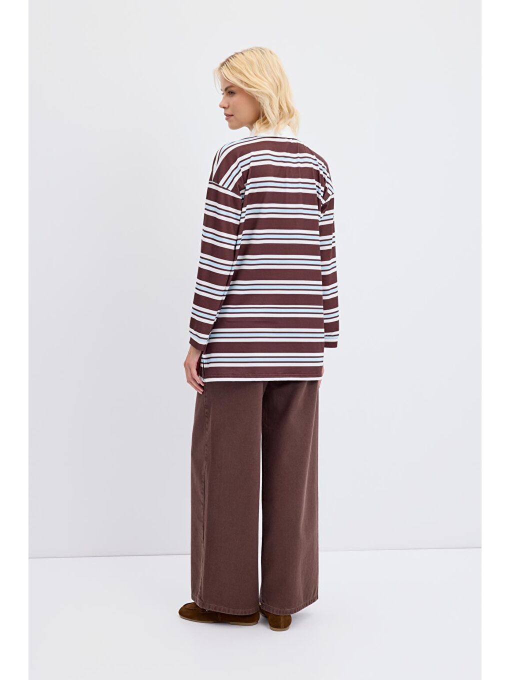 Polo Yaka Çizgili Sweatshirt Ekru-8