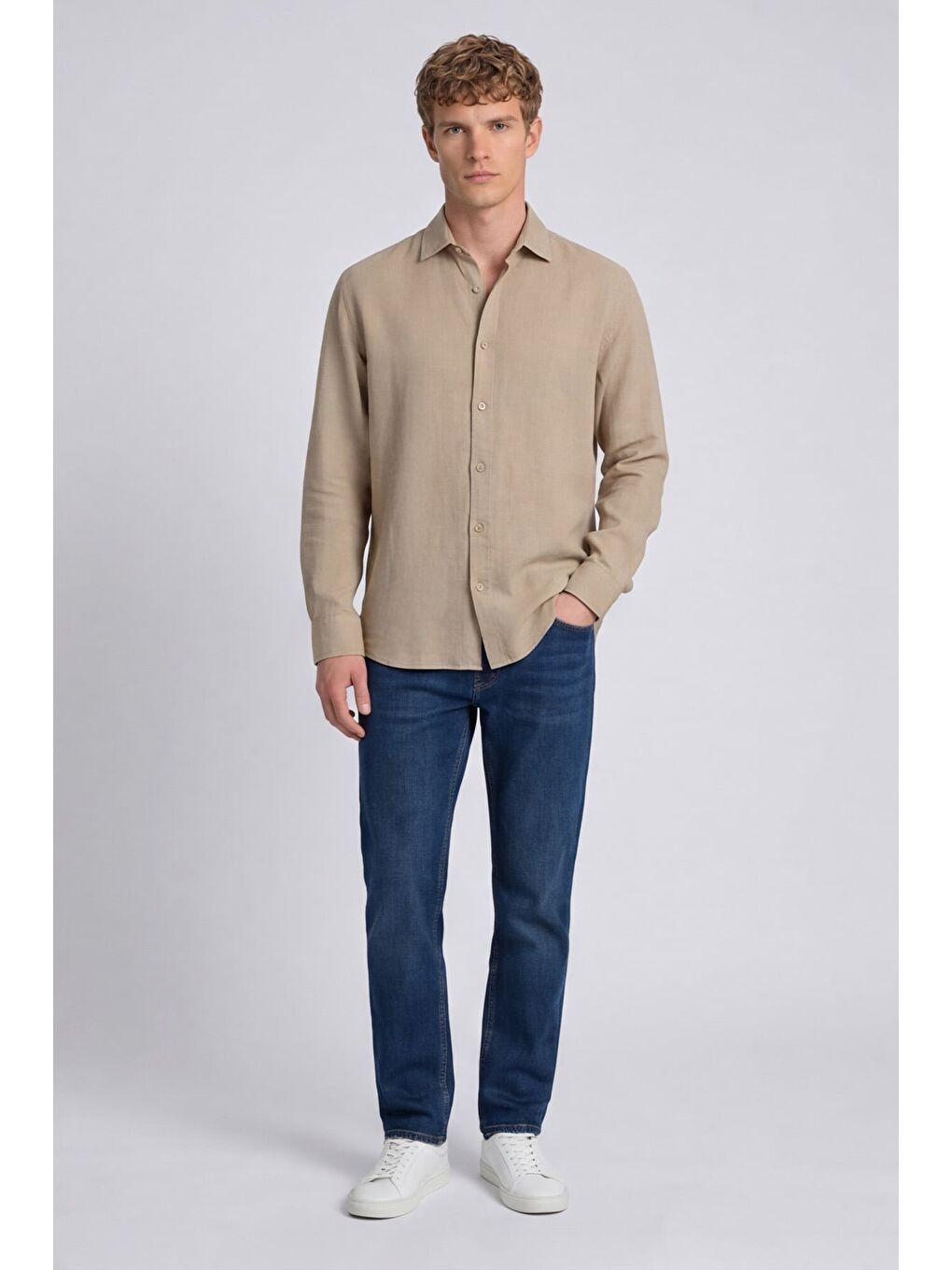 Erkek Bej Normal Kesim Regular Fit %100 Pamuk Klasik Yaka Muslin Gömlek-1
