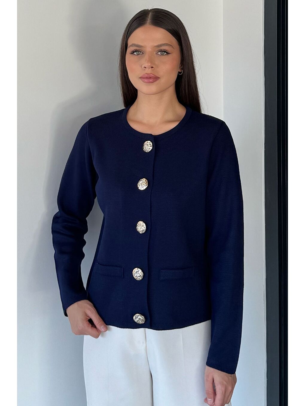 Lacivert Kadın Düğme Detaylı Triko Ceket-2