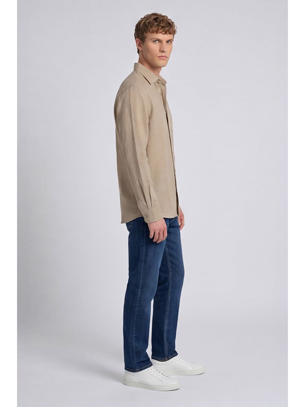 Erkek Bej Normal Kesim Regular Fit %100 Pamuk Klasik Yaka Muslin Gömlek-2