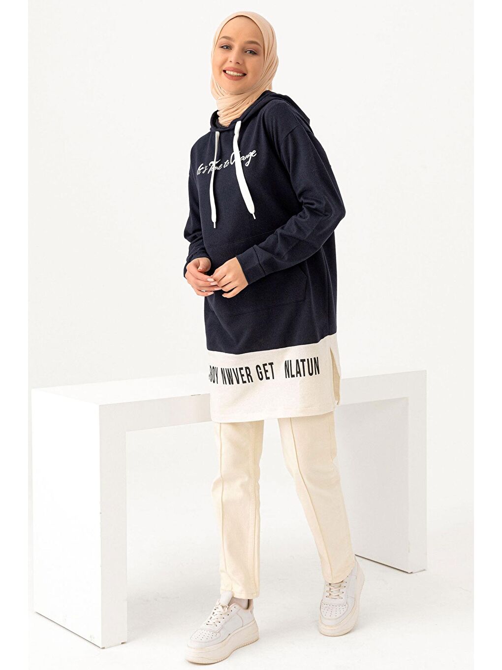Kapüşonlu Yaka Kadın Lacivert Tunık - 3328-1