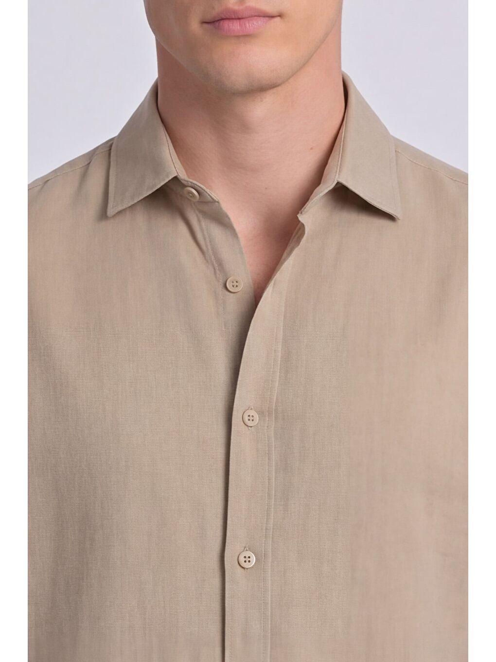 Erkek Bej Normal Kesim Regular Fit %100 Pamuk Klasik Yaka Muslin Gömlek-4