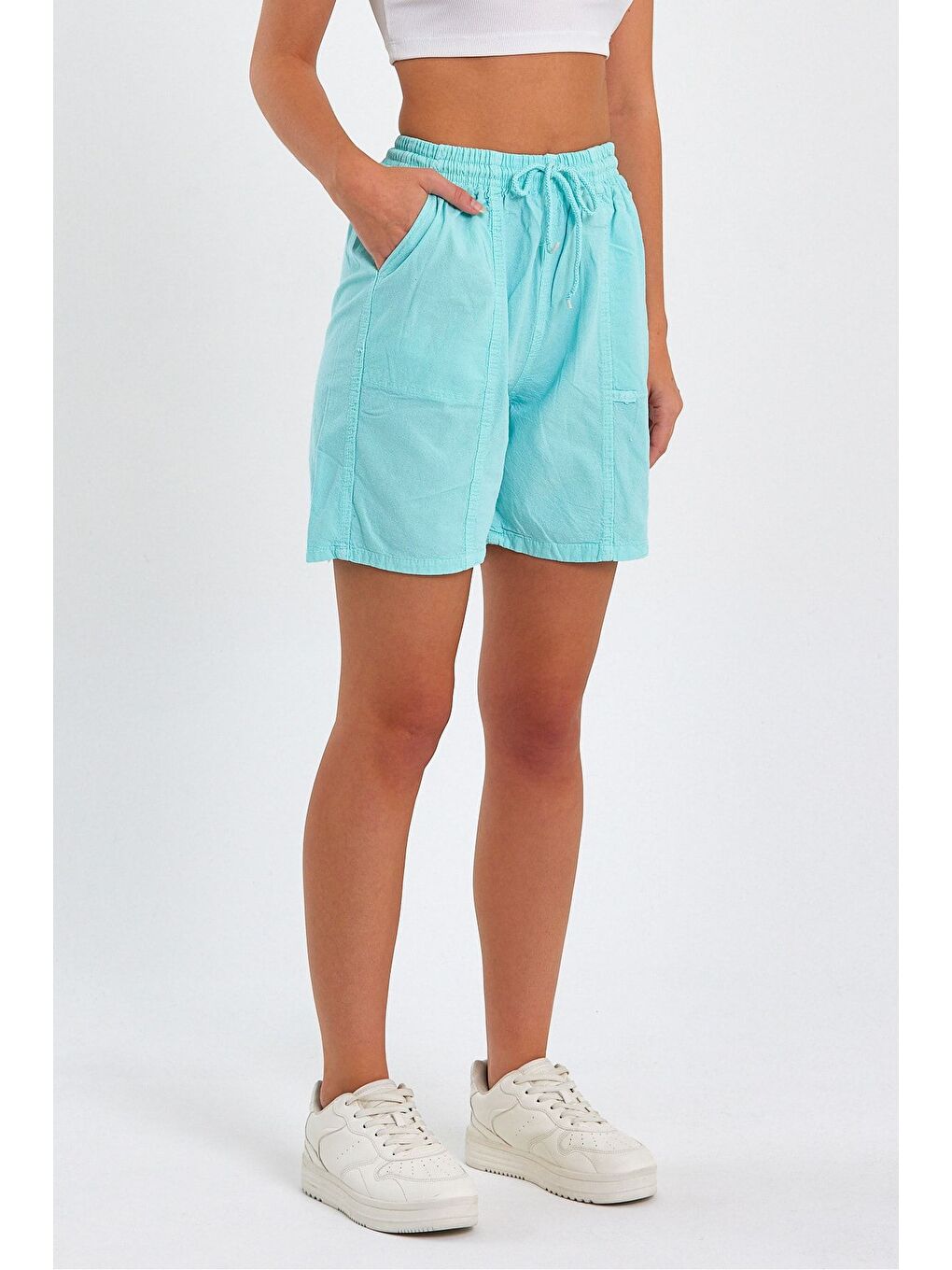 Kadın Turkuaz Rahat Kesim Keten Şort-2