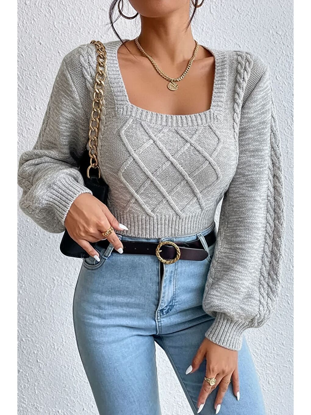 Gri Kare Yaka Örgü Desenli Kadın Triko Kazak-1