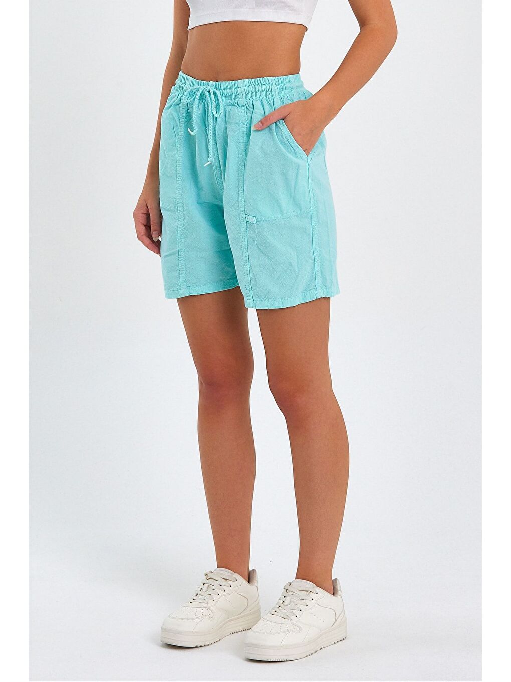 Kadın Turkuaz Rahat Kesim Keten Şort-3