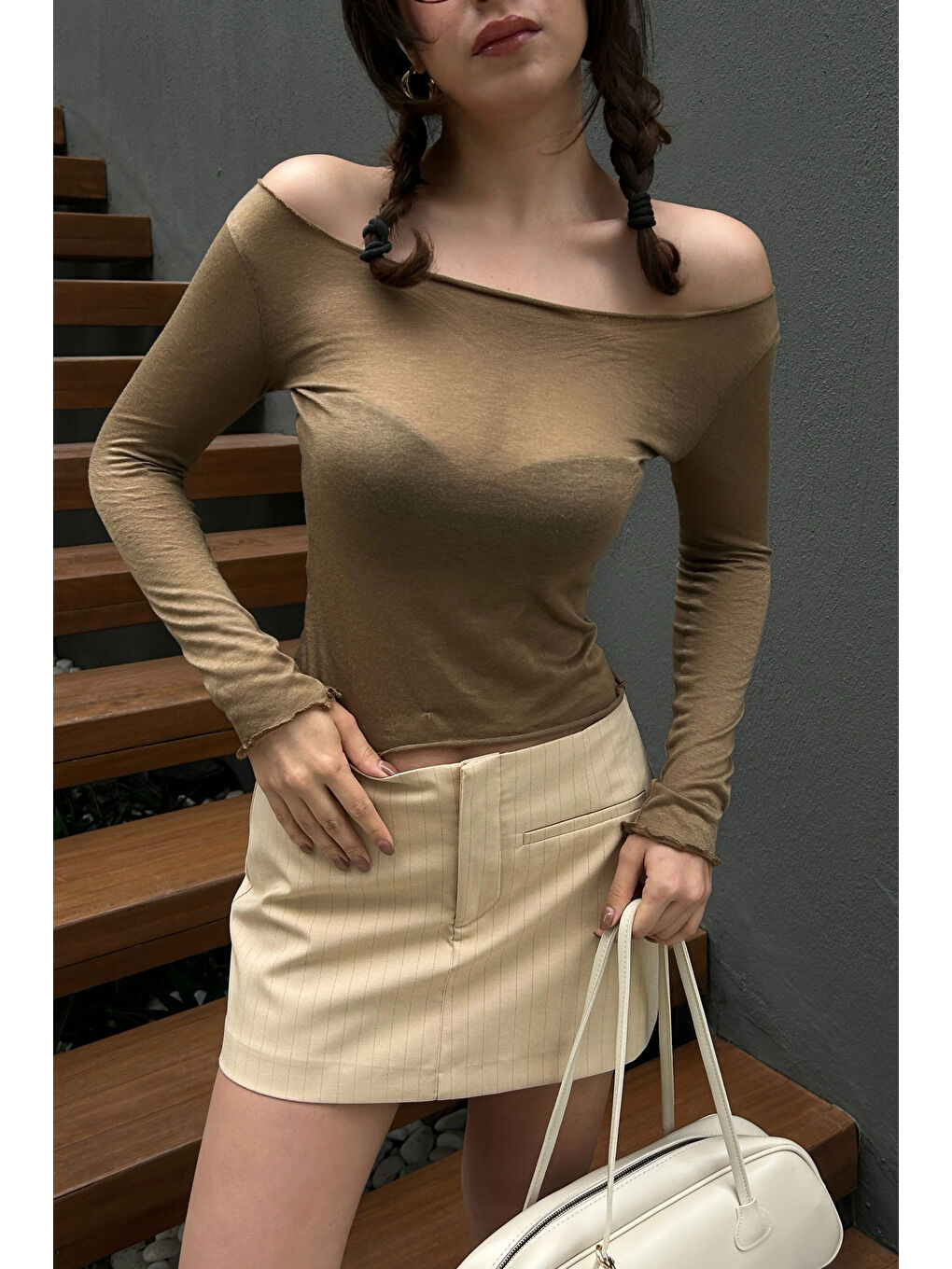 Kahverengi Kadın Camel Sonsuz Kumaş Bluz 1017-0160