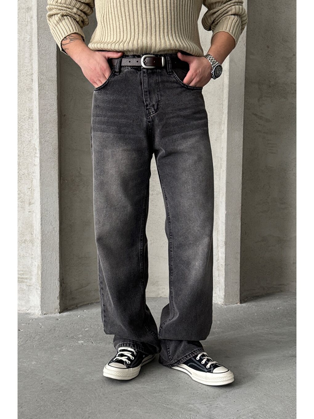 Gri Erkek Ekstra Baggy Jean Pantolon-1