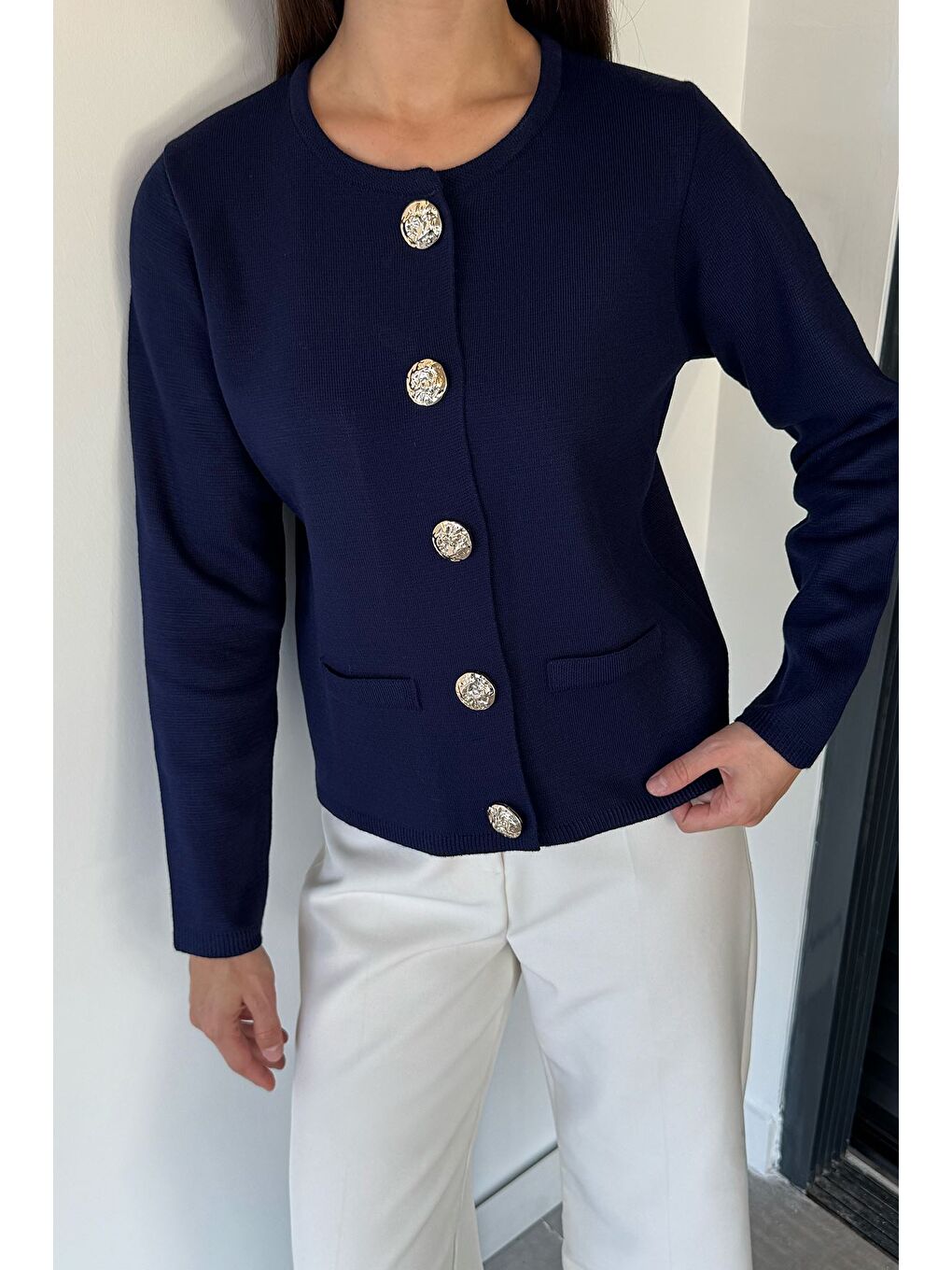 Lacivert Kadın Düğme Detaylı Triko Ceket-4