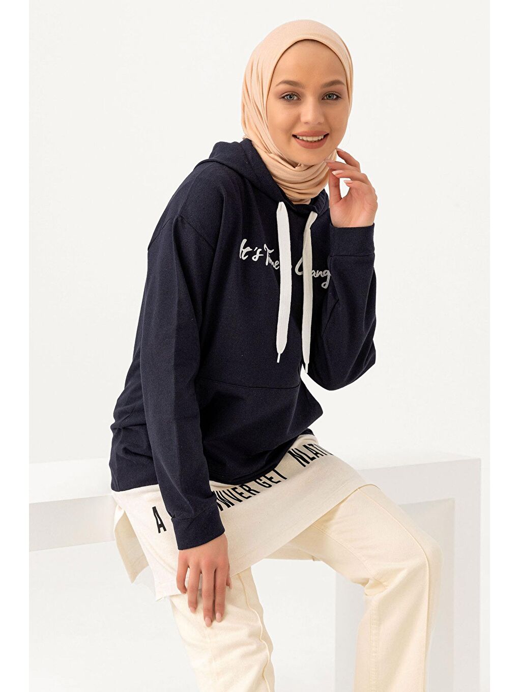 Kapüşonlu Yaka Kadın Lacivert Tunık - 3328-2