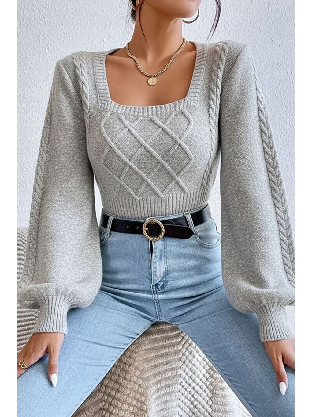 Gri Kare Yaka Örgü Desenli Kadın Triko Kazak-2