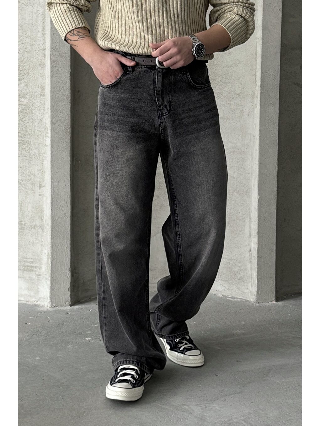 Gri Erkek Ekstra Baggy Jean Pantolon-2