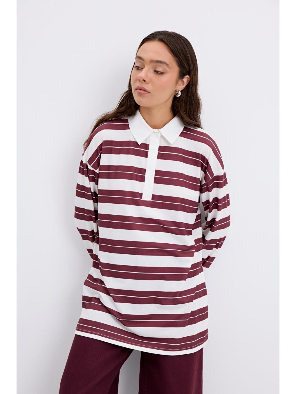 Polo Yaka Çizgili Sweatshirt Bordo-1