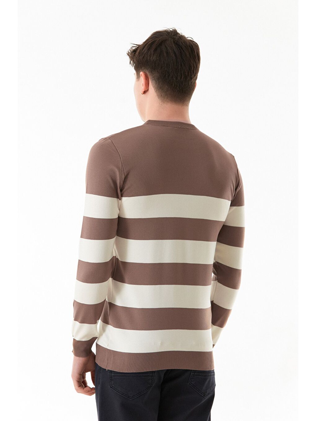 Kahverengi Çizgili Bisiklet Yaka Triko Kazak-2