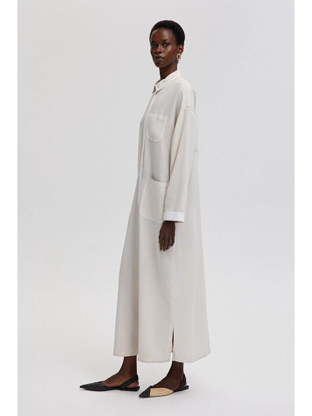 Bej Keten Dokulu Şerit Detaylı Elbise-2