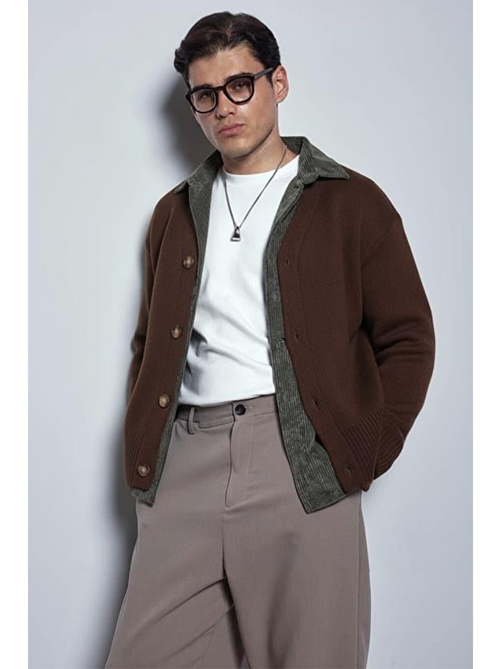 Erkek Oversize Düğmeli Hırka Kahverengi-2