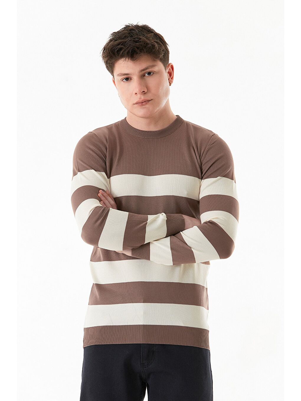 Kahverengi Çizgili Bisiklet Yaka Triko Kazak-3