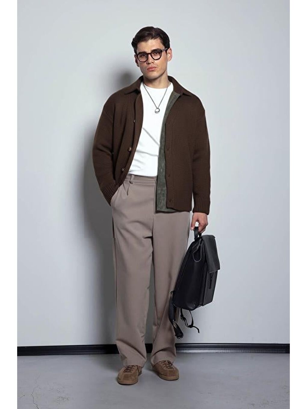 Erkek Oversize Düğmeli Hırka Kahverengi-3