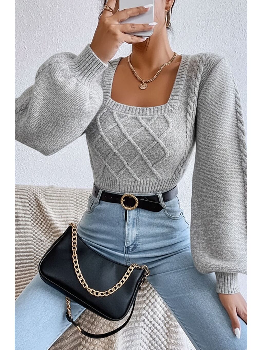 Gri Kare Yaka Örgü Desenli Kadın Triko Kazak-3