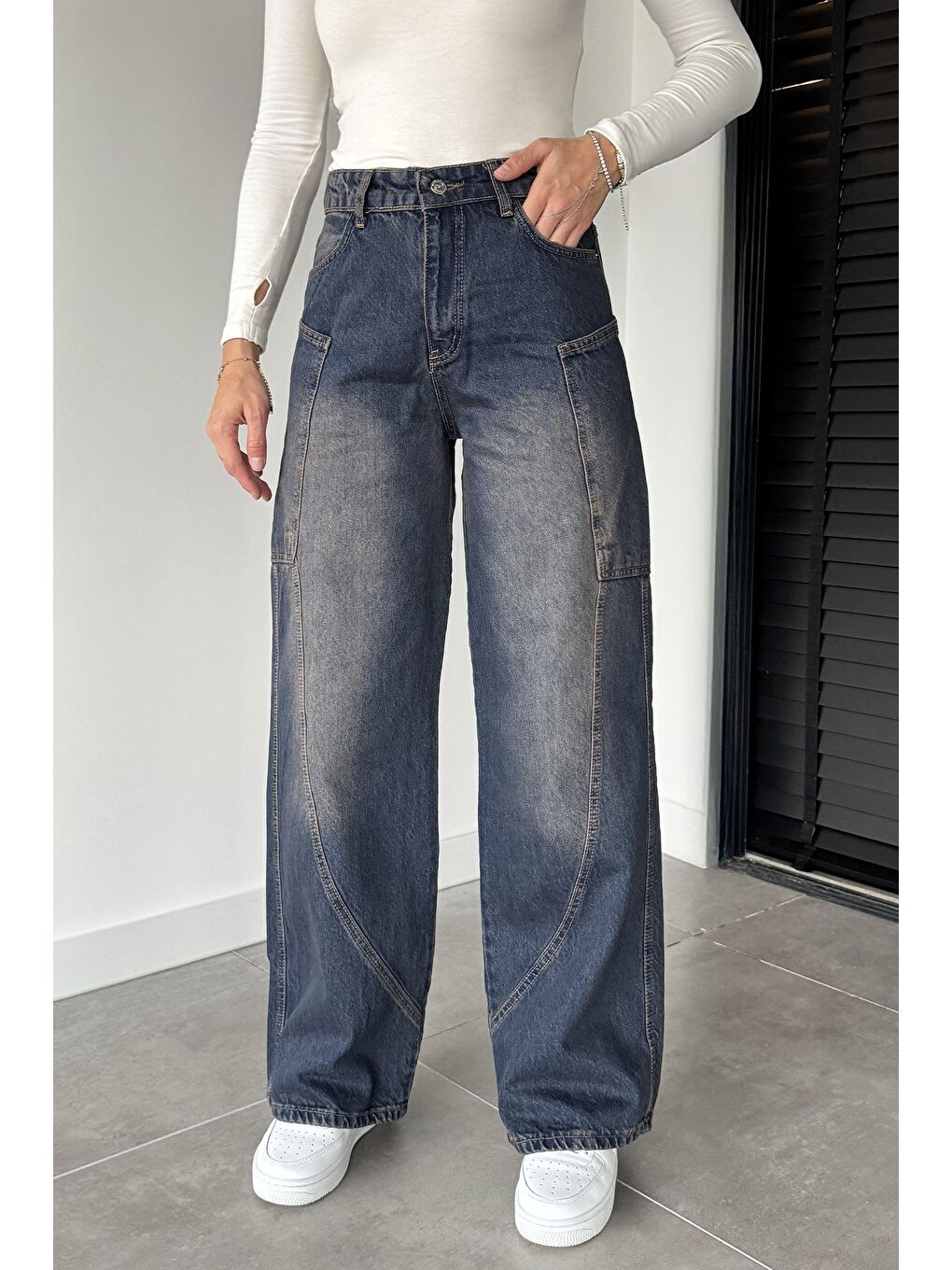 Lacivert Kadın Yüksek Bel Kargo Cepli Bol Kesim Jean Jean Pantolon-1