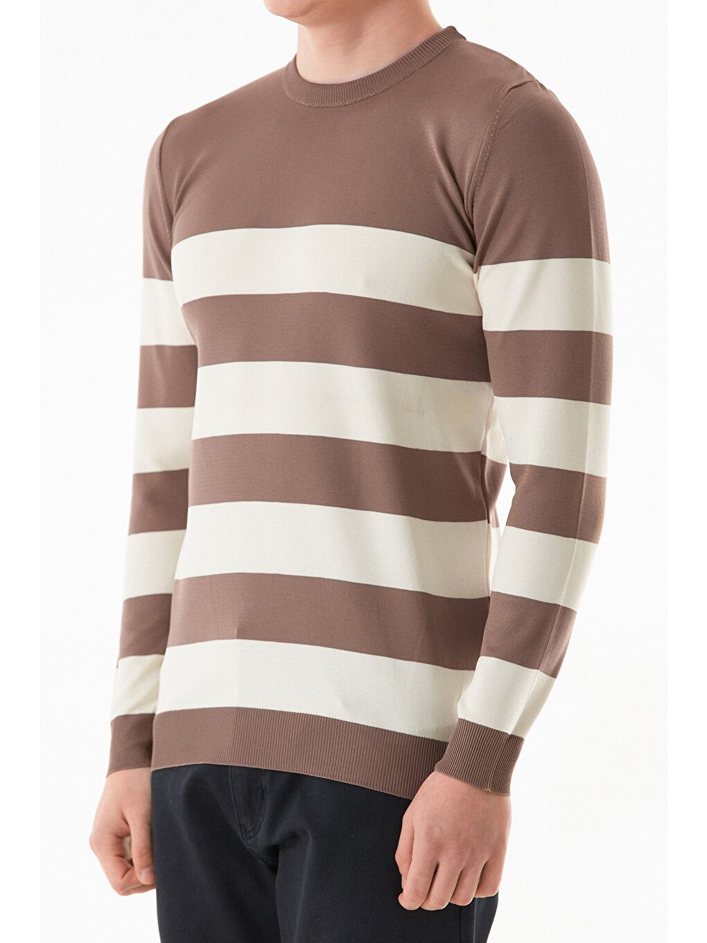 Kahverengi Çizgili Bisiklet Yaka Triko Kazak-4