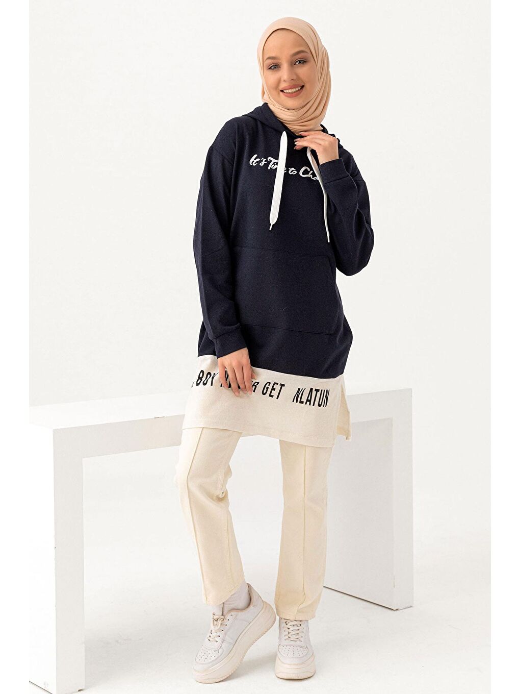 Kapüşonlu Yaka Kadın Lacivert Tunık - 3328-3