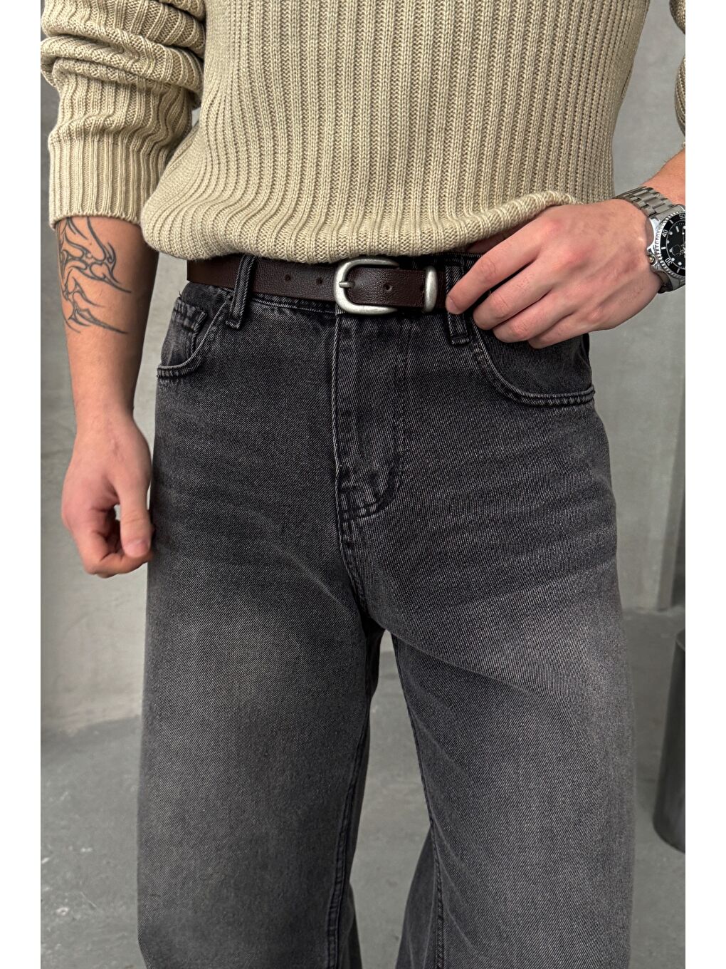 Gri Erkek Ekstra Baggy Jean Pantolon-3