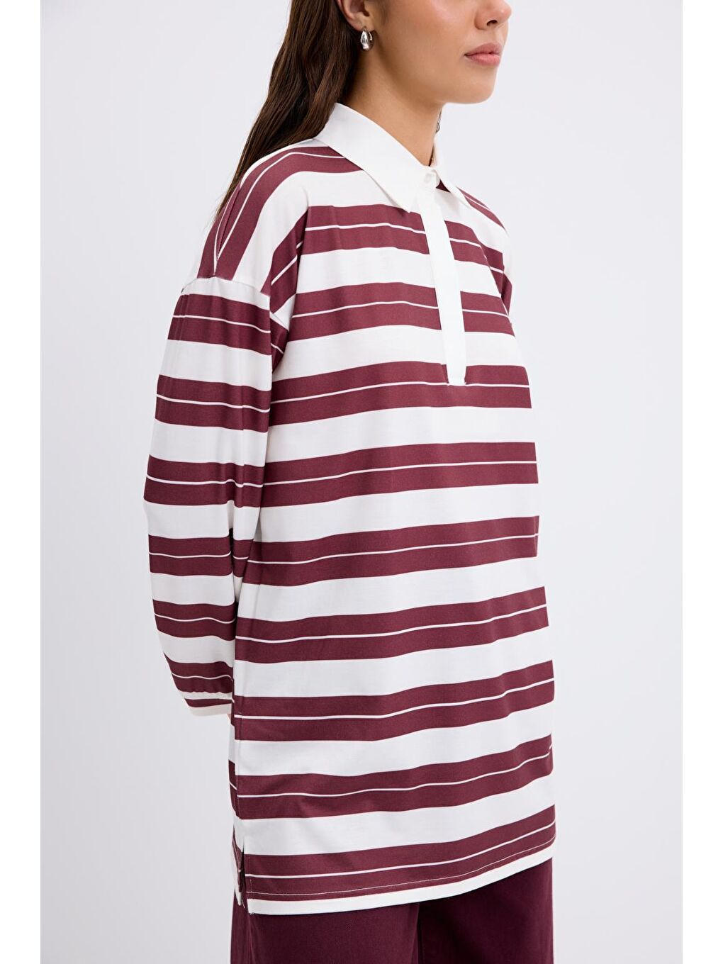 Polo Yaka Çizgili Sweatshirt Bordo-2