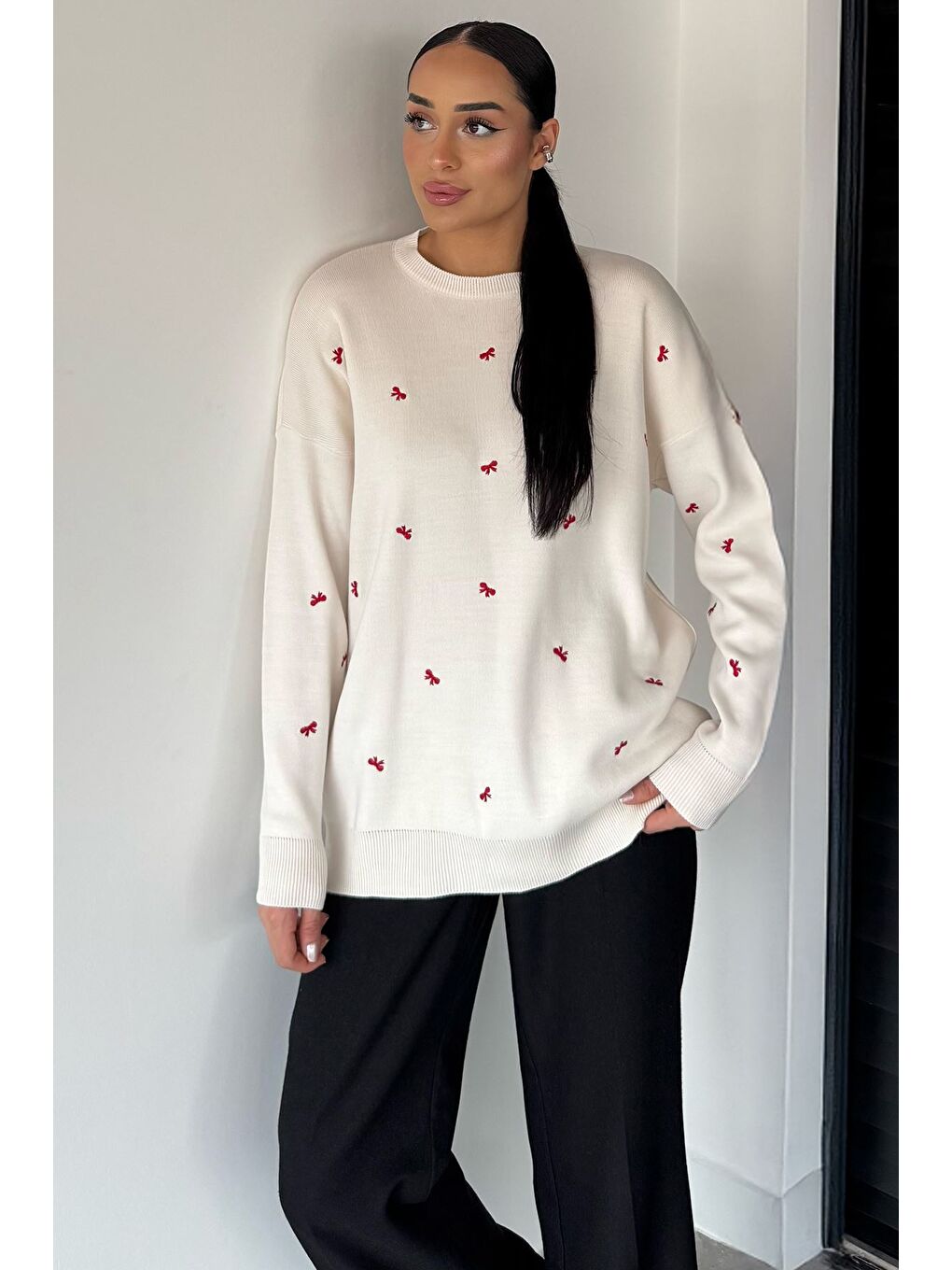 Ekru Kadın Kurdele Nakışlı Triko Kazak (m-l-xl Uyumludur)