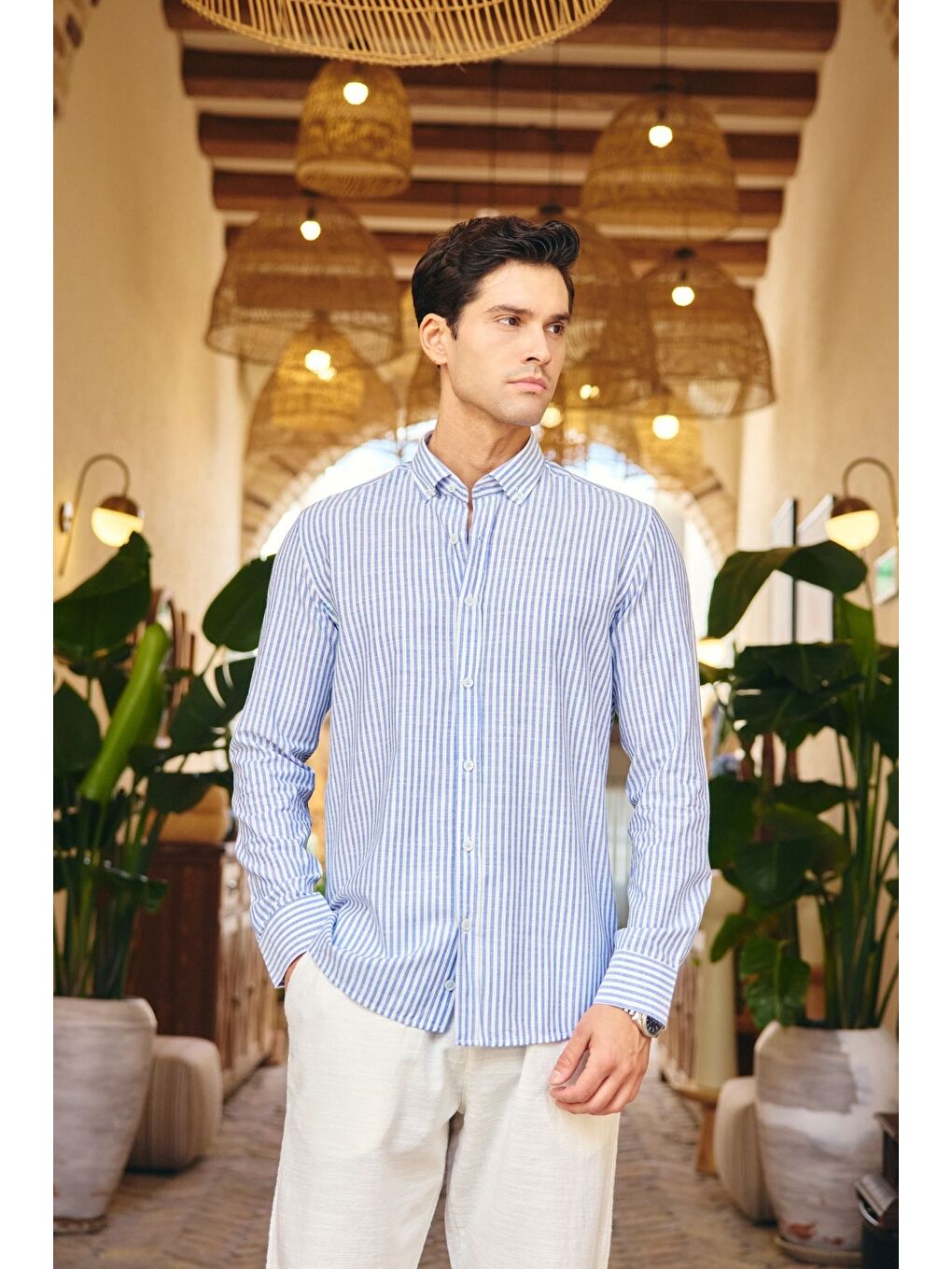 Mavi Misato Erkek Gömlek Modern Slim Fit Keten Görünümlü İnce Çizgili Hafif Kumaş-4