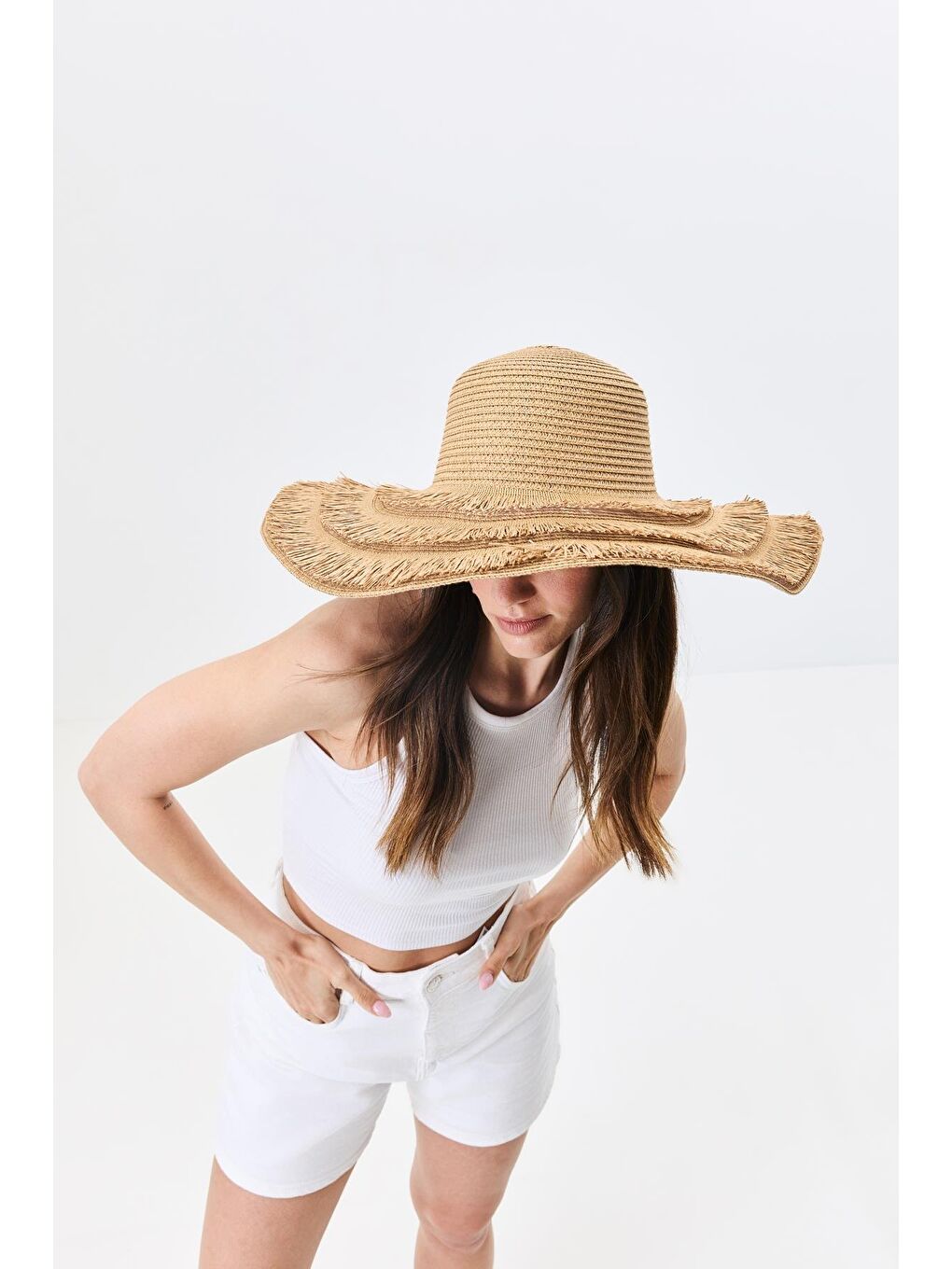 Bej Geniş Kenar Hasır Plaj Şapkası Y25730-07 Vizon