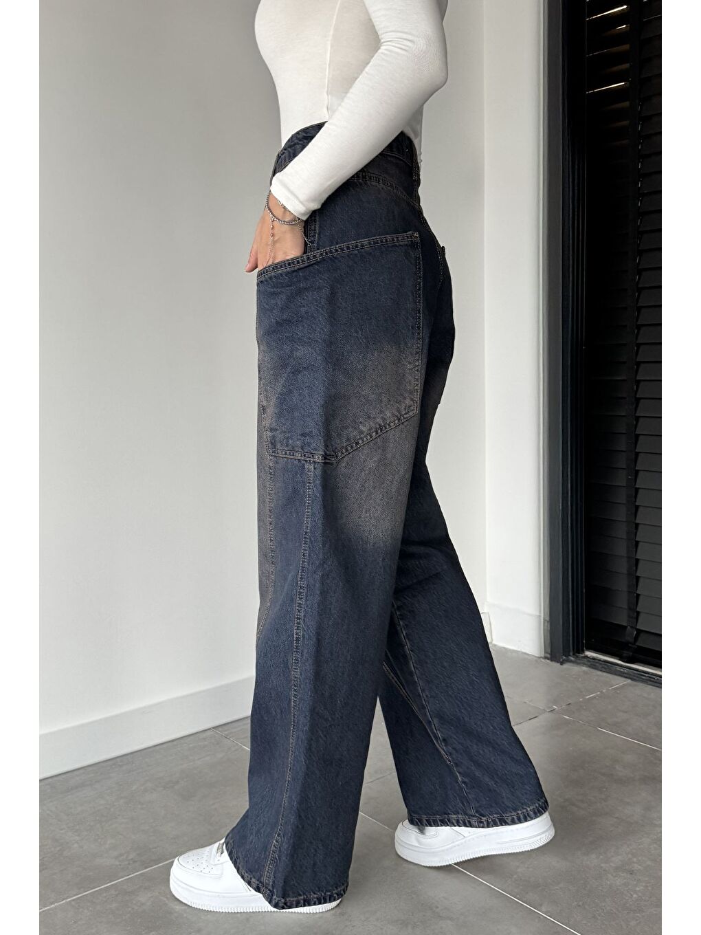 Lacivert Kadın Yüksek Bel Kargo Cepli Bol Kesim Jean Jean Pantolon-2