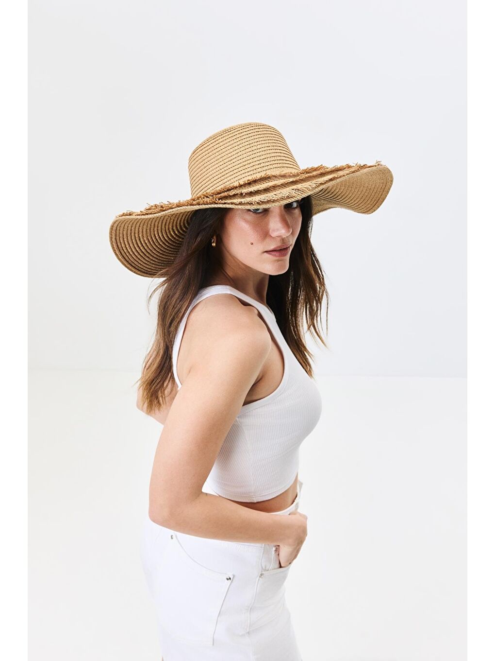 Bej Geniş Kenar Hasır Plaj Şapkası Y25730-07 Vizon-1