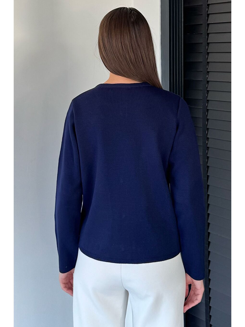 Lacivert Kadın Düğme Detaylı Triko Ceket-7