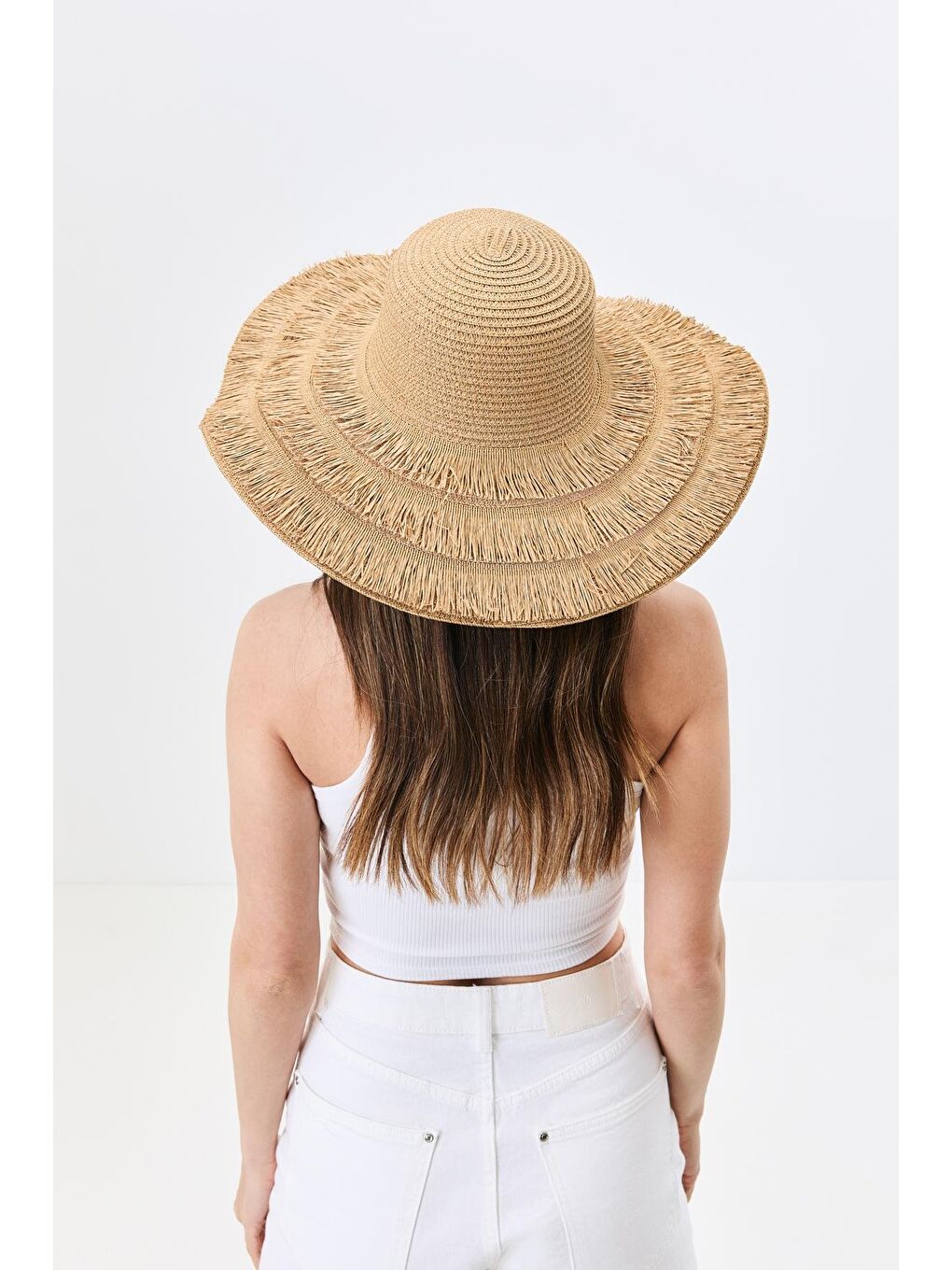 Bej Geniş Kenar Hasır Plaj Şapkası Y25730-07 Vizon-2