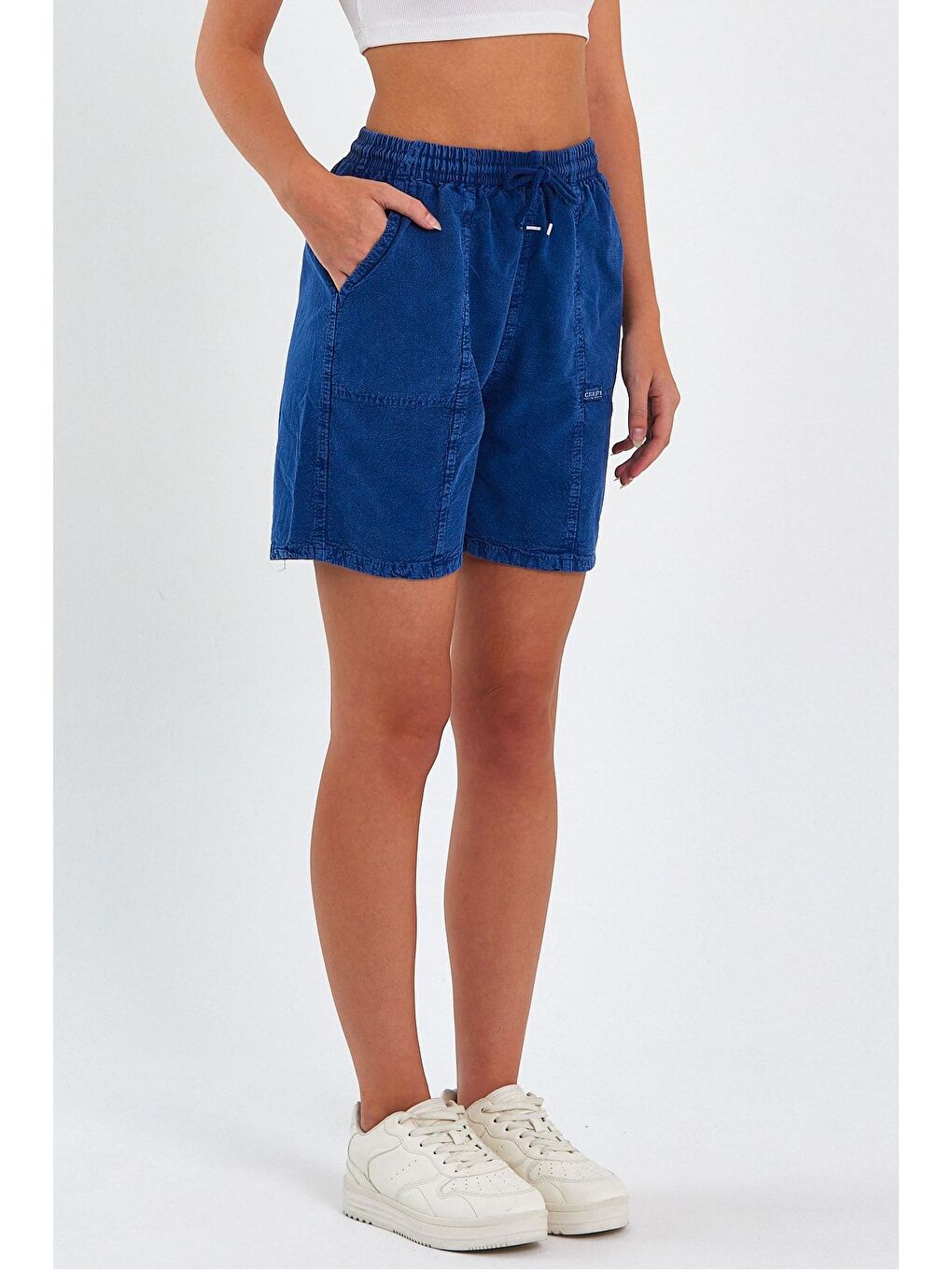 Kadın Lacivert Rahat Kesim Keten Şort-3