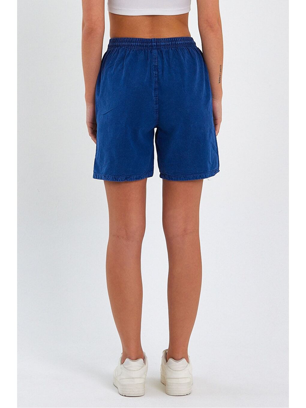 Kadın Lacivert Rahat Kesim Keten Şort-4