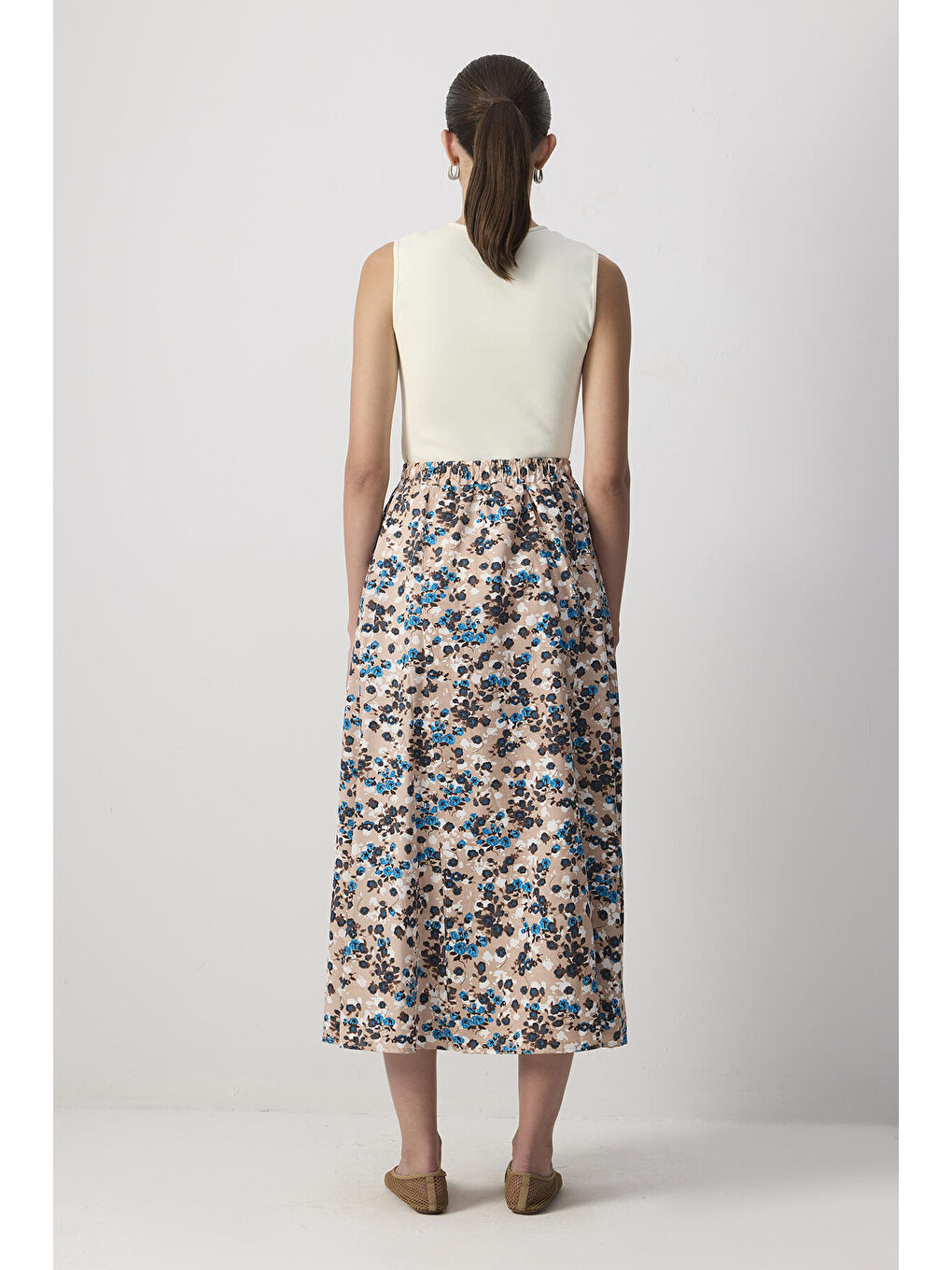 Bej Çiçek Desenli Etek-3