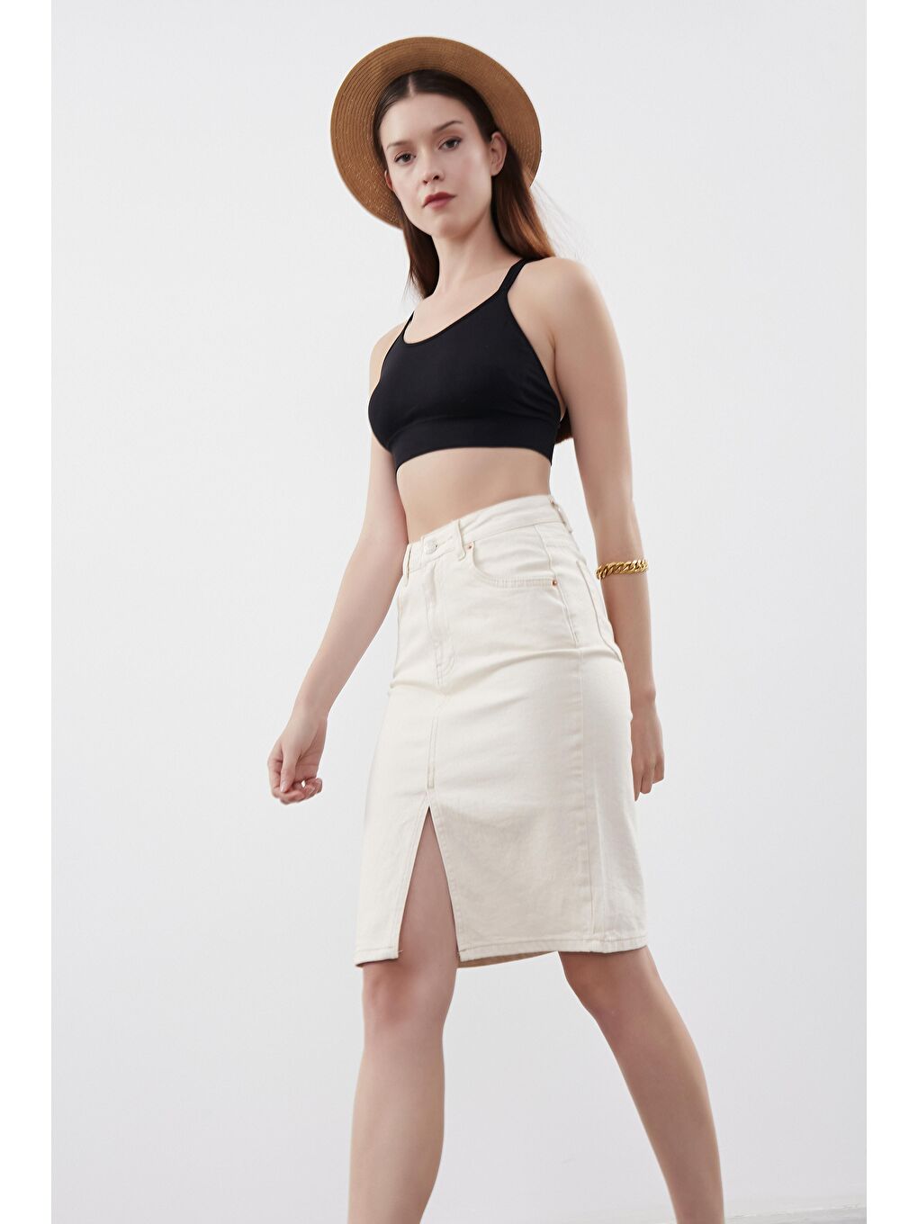 Bej Kadın Raw Ekru Renk Esnek Kumaş Önden Yırtmaç Detaylı Denim Etek-2