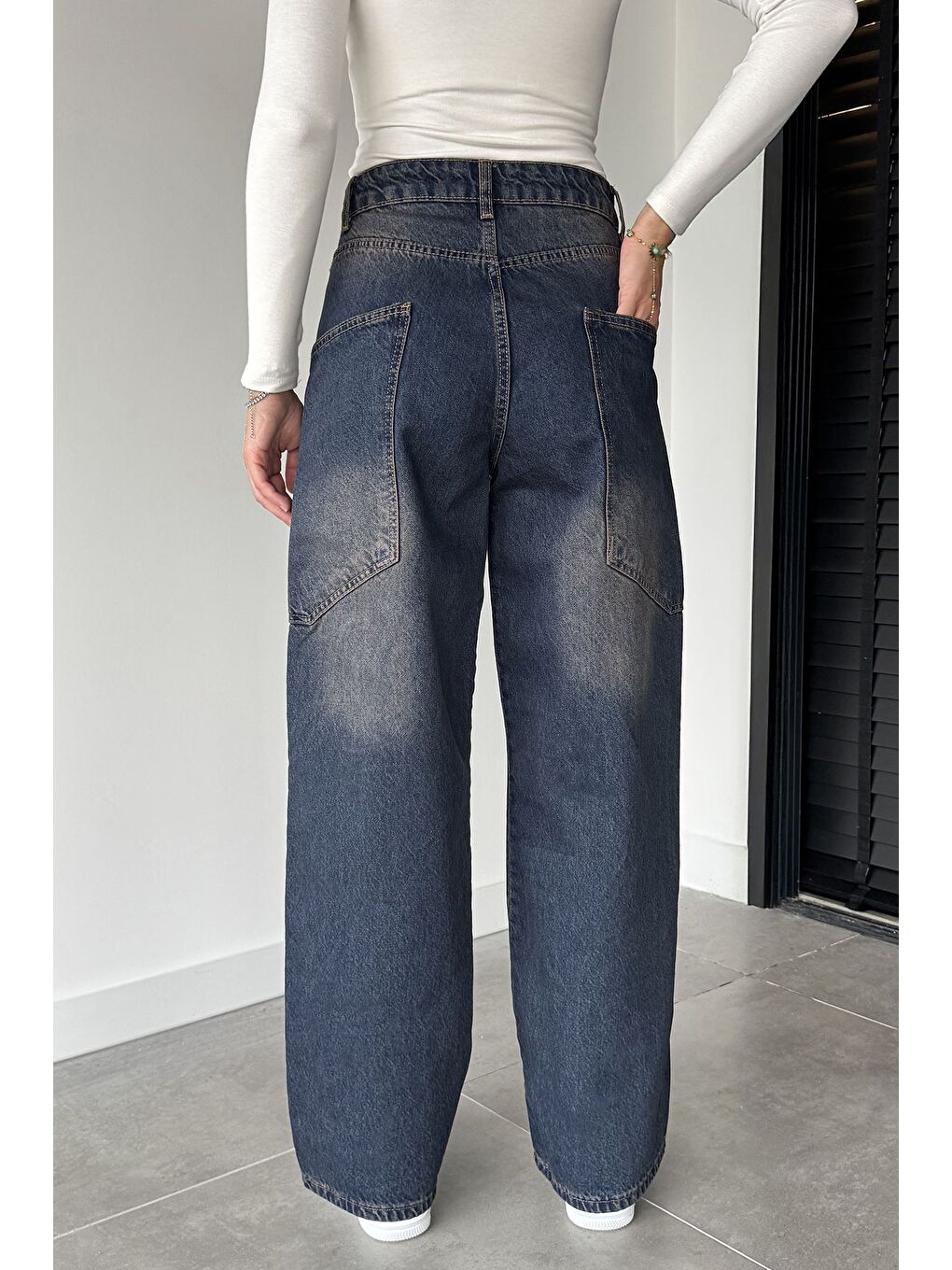 Lacivert Kadın Yüksek Bel Kargo Cepli Bol Kesim Jean Jean Pantolon-3