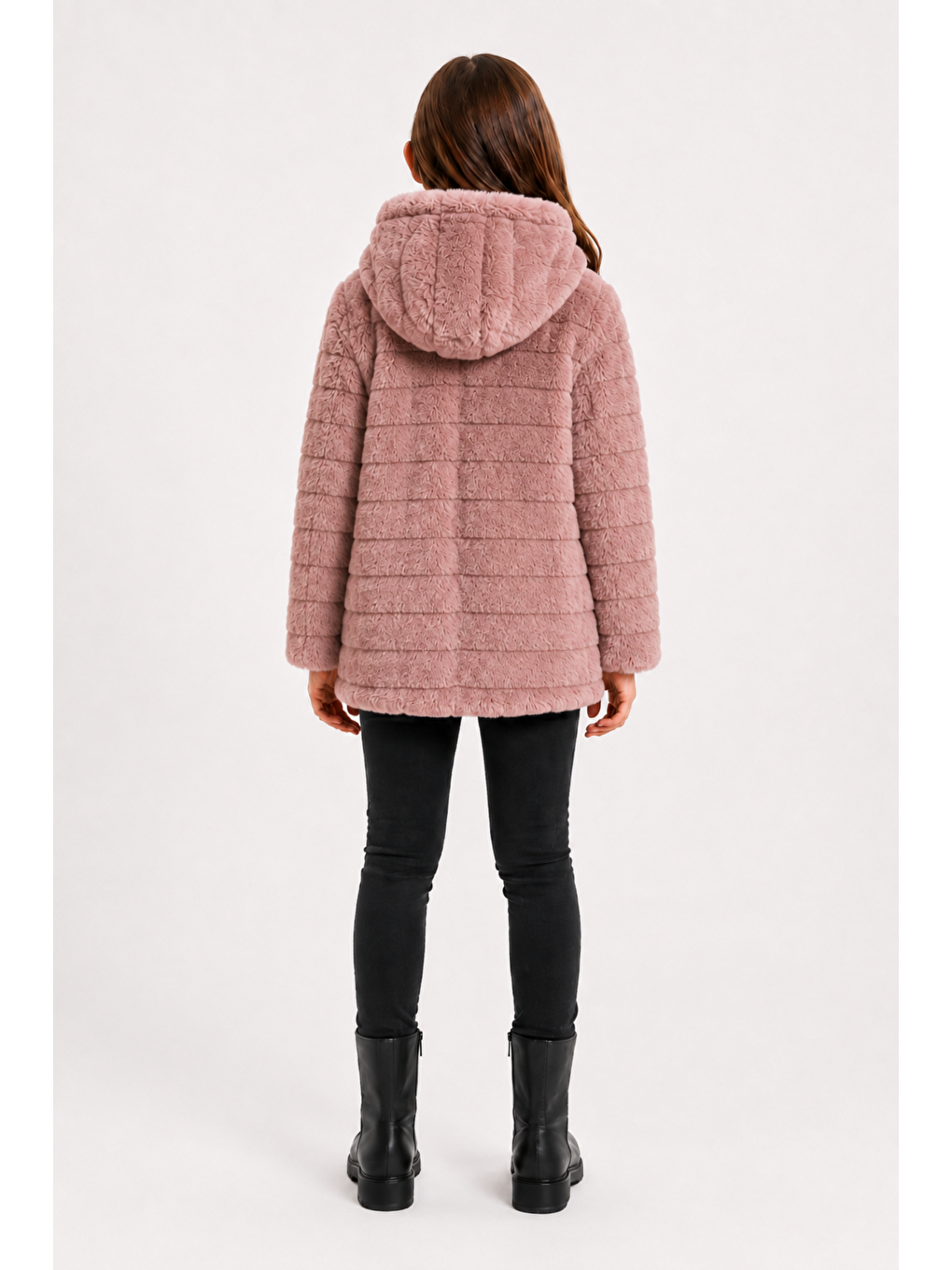 Pembe Kız Çocuk Kışlık Kapüşonlu Düğmeli Astarlı Yatay Çizgili Pelüş Mont Ak4518-3