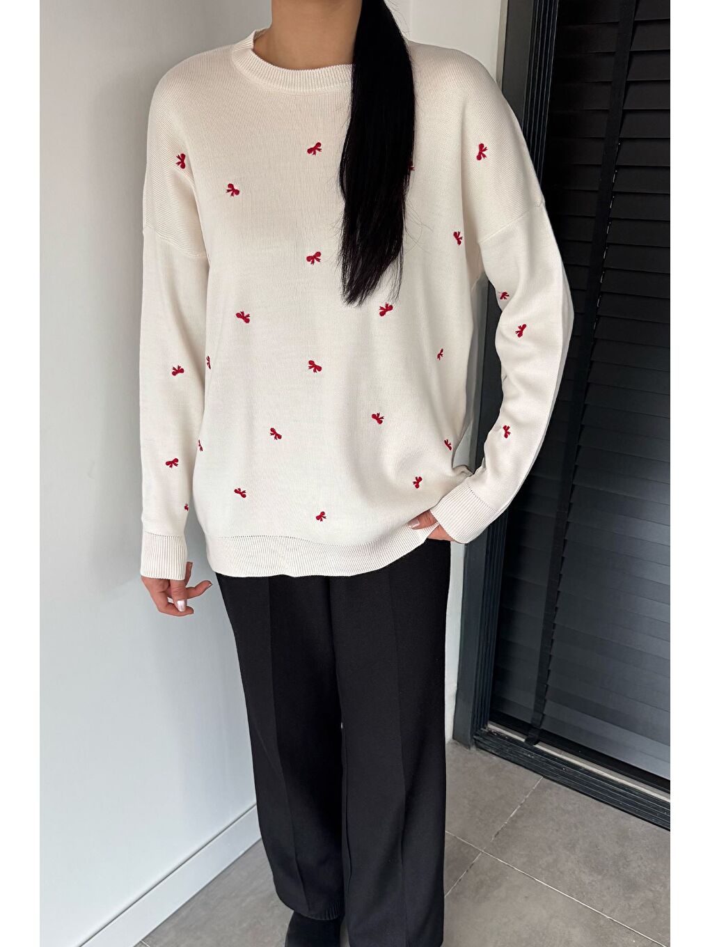 Ekru Kadın Kurdele Nakışlı Triko Kazak (m-l-xl Uyumludur)-1