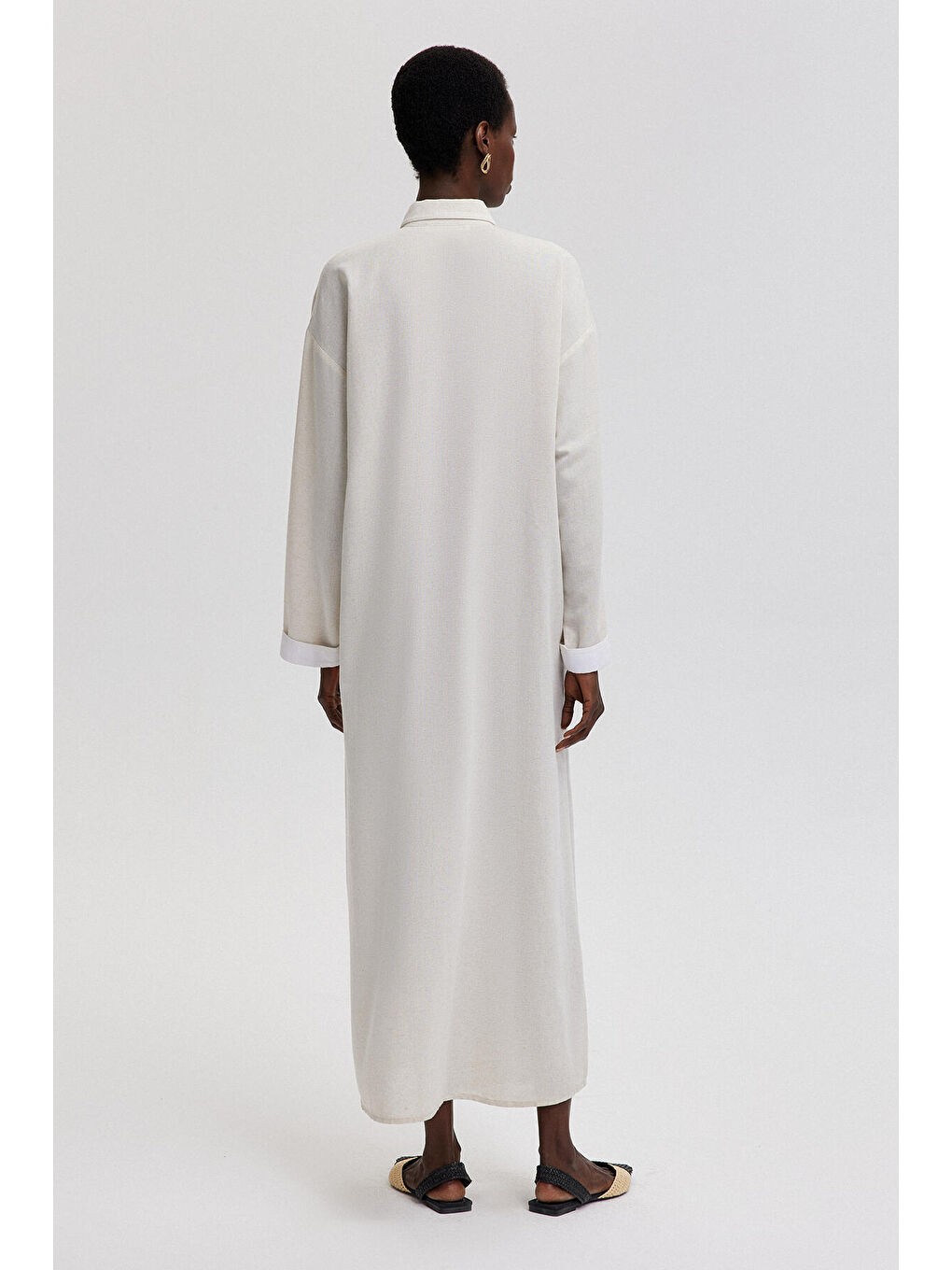 Bej Keten Dokulu Şerit Detaylı Elbise-3